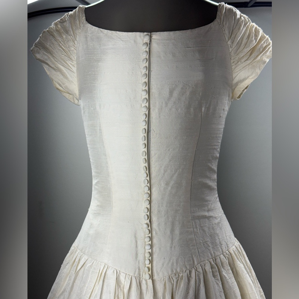 VTG CHRISTIAN DIOR Silk Wedding Dress W/ Gathered Sleeves + Button Back 26”W - Picture 3 of 13